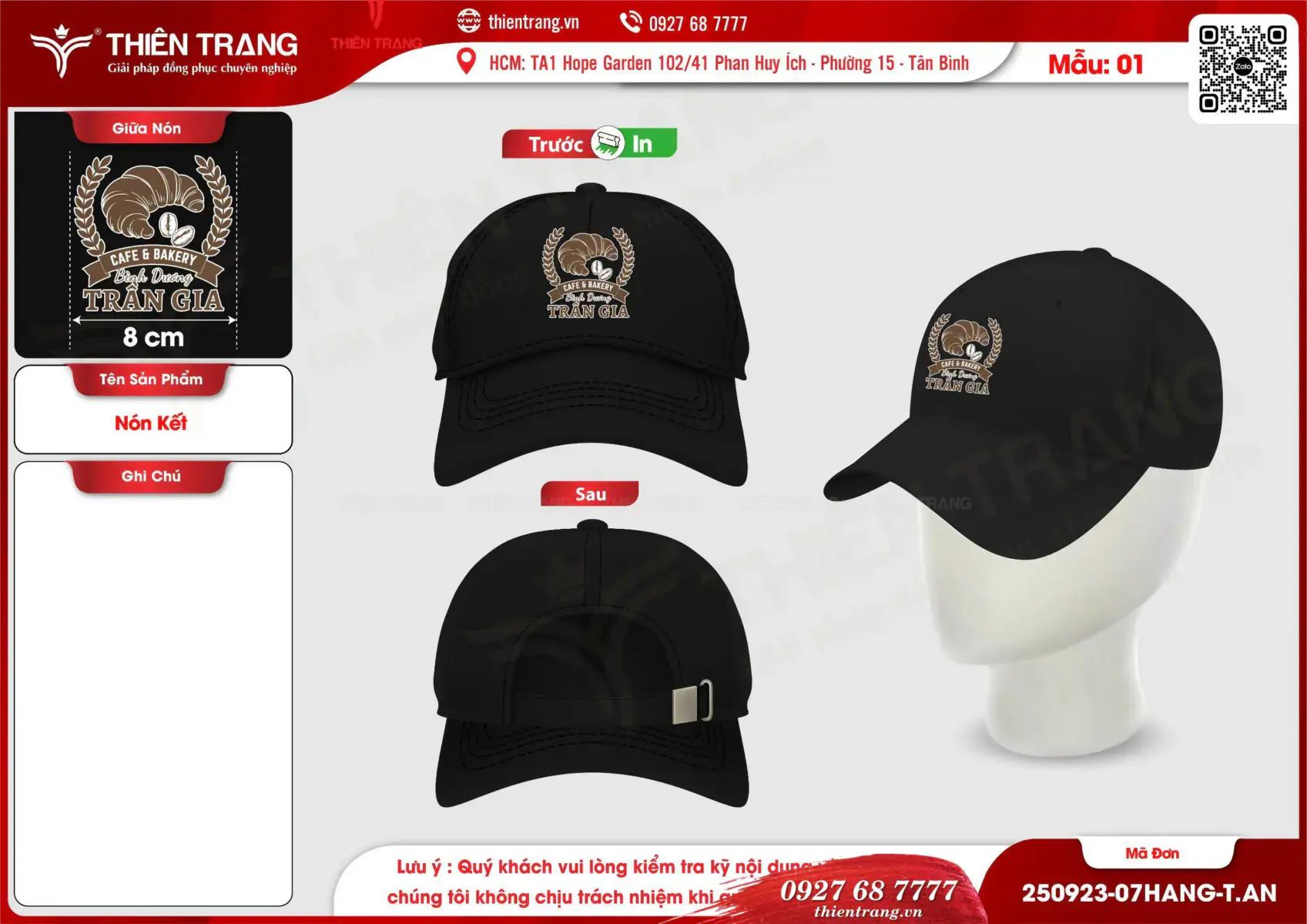 Maket nón kết thương hiệu Trần Gia Cafe & Bakery