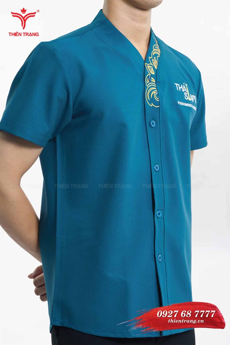 Chi tiết đồng phục phục vụ nhà hàng TTNHAPVM5 màu xanh dương