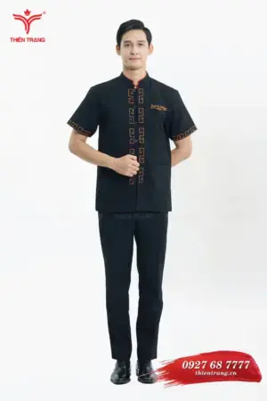 Đồng phục phục vụ nhà hàng TTNHAPVM21 màu đen phối cam