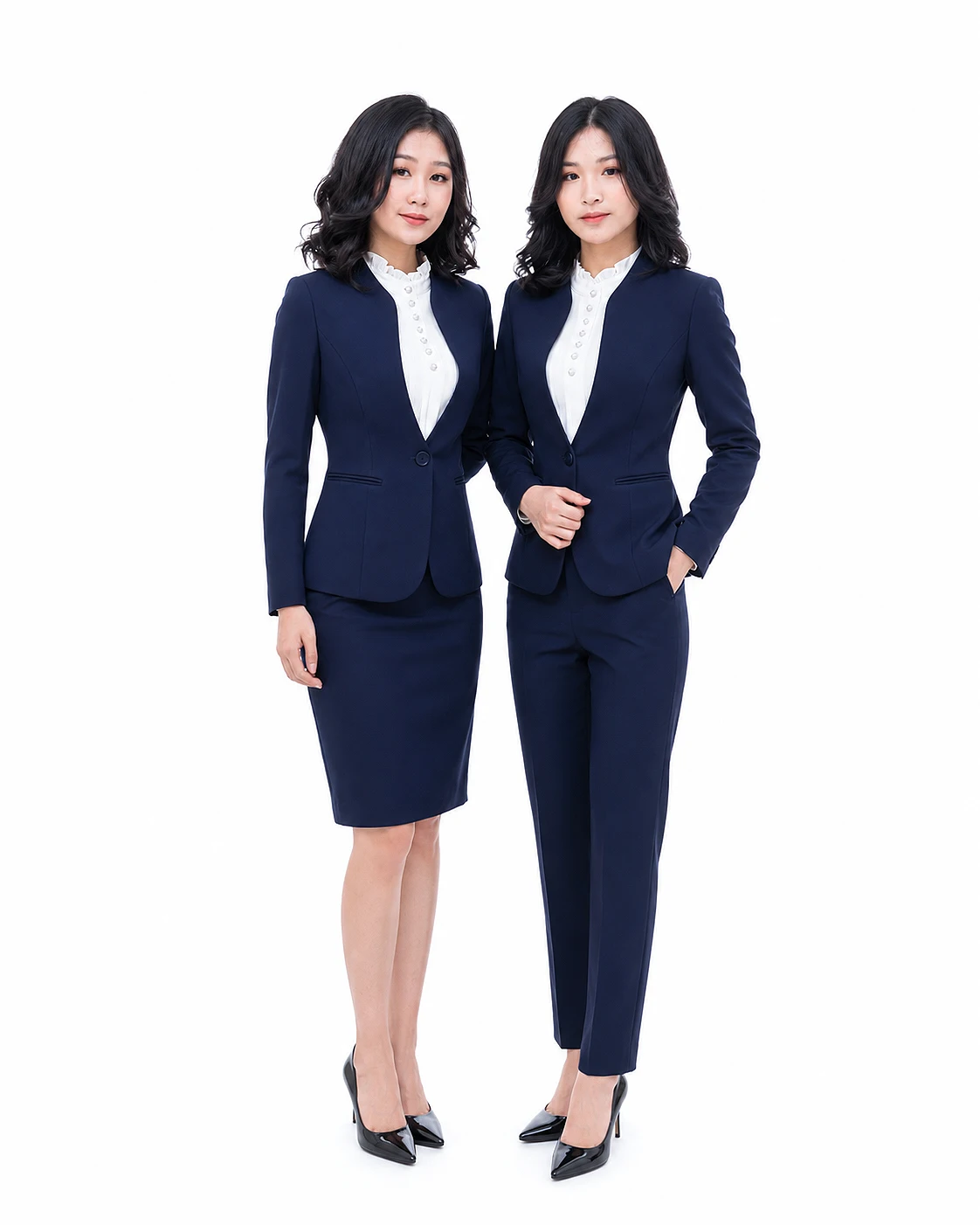 Đồng phục vest nữ cổ đứng chữ V cách điệu màu xanh đen - Ảnh 2