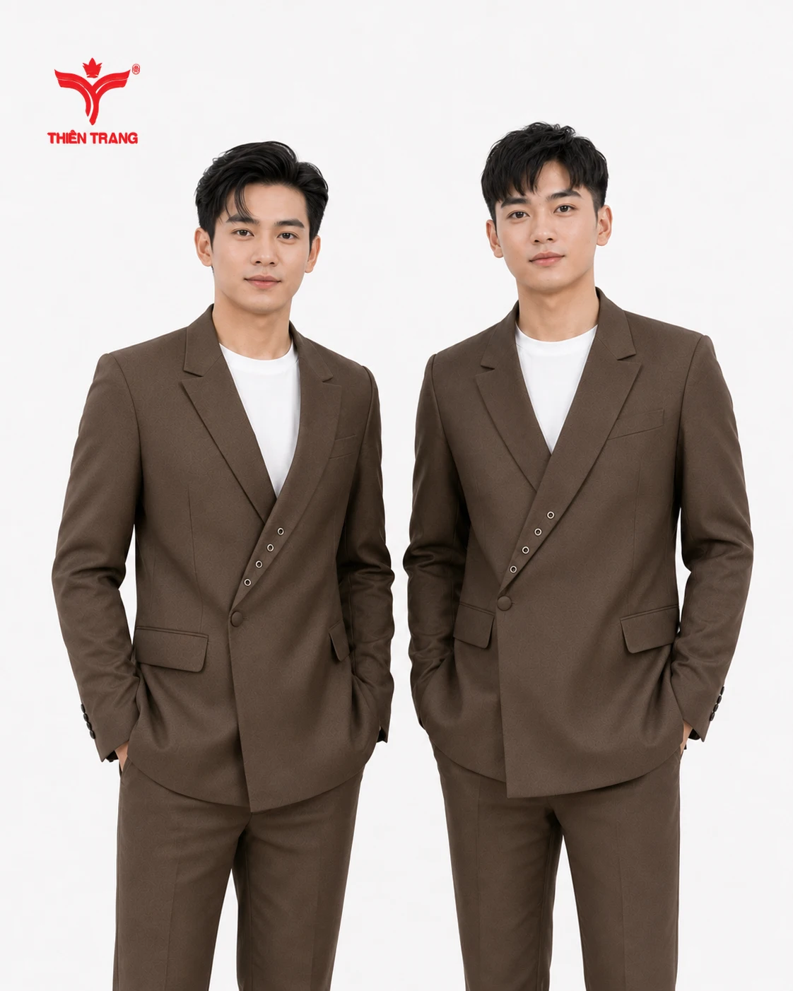 Đồng phục Vest nam cổ chéo khuy lệch màu nâu cafe