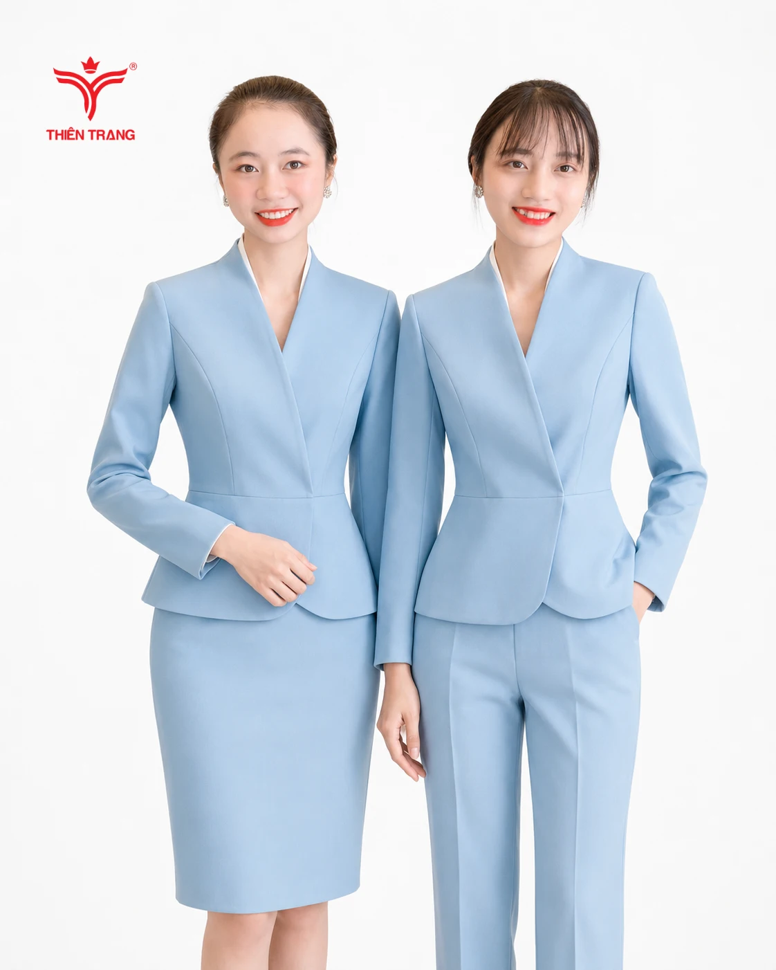 Đồng phục vest nữ dáng peplum cổ tàu vát chữ V màu xanh pastel