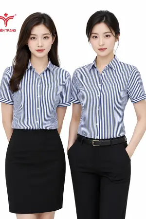 Đồng phục sơ mi nữ tư vấn viên spa TTDNGASM15 màu xanh dương sọc