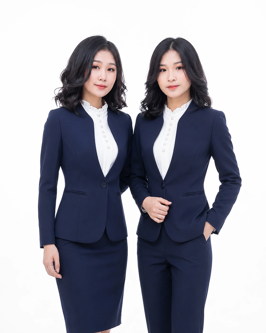 Đồng phục vest nữ cổ đứng chữ V cách điệu màu xanh đen