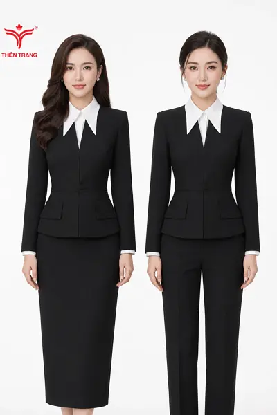 Đồng phục vest nữ dáng peplum cổ chữ V không ve màu đen