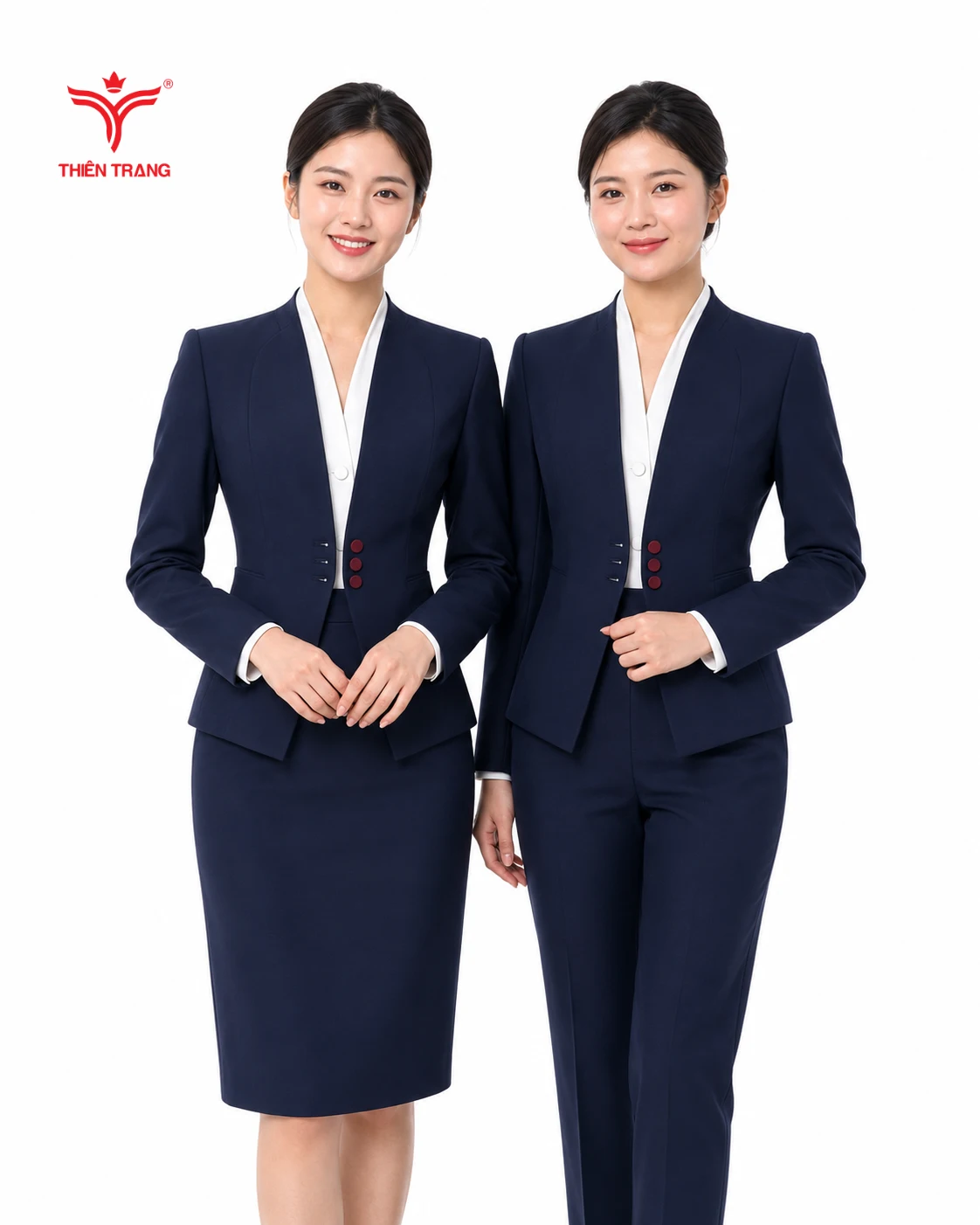 Đồng phục vest nữ cổ chữ V không ve đính khuy dọc màu xanh đen