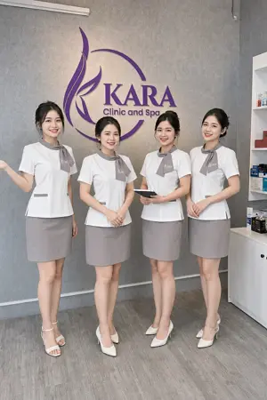 Đồng phục lễ tân spa cổ tròn phối khăn nơ