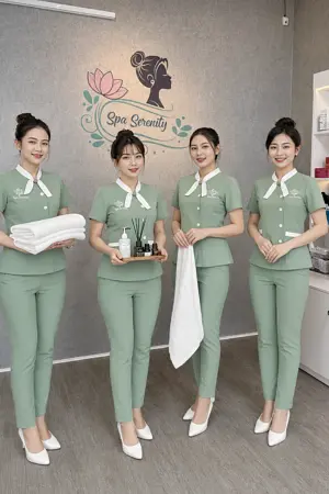 Đồng phục kỹ thuật viên spa Hàn Quốc TTSPAKTV12 màu bơ