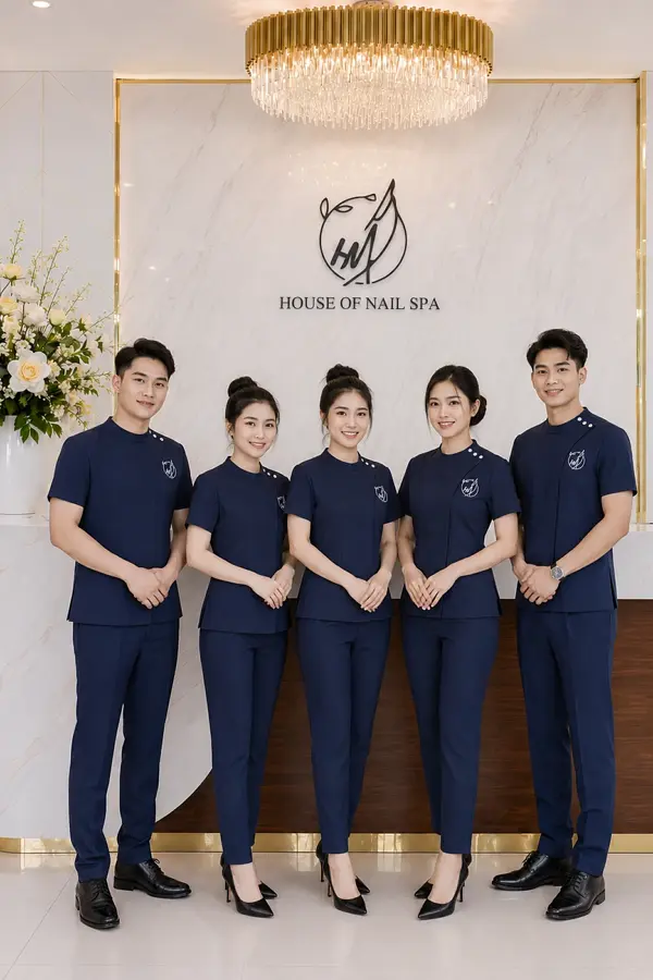 Đồng phục vest nữ cổ đứng chữ V cách điệu màu xanh đen