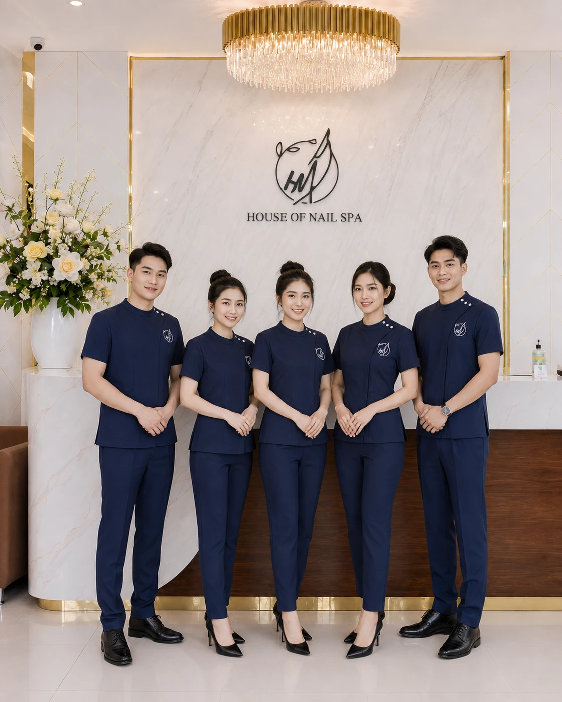 Đồng phục vest nữ cổ đứng chữ V cách điệu màu xanh đen