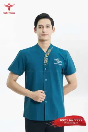 Trước đồng phục phục vụ nhà hàng TTNHAPVM5 màu xanh dương