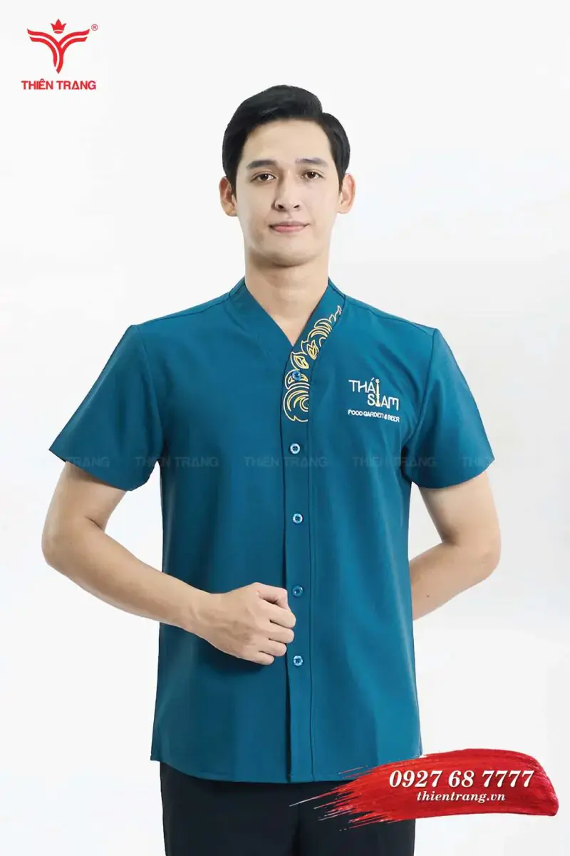 Trước đồng phục phục vụ nhà hàng TTNHAPVM5 màu xanh dương