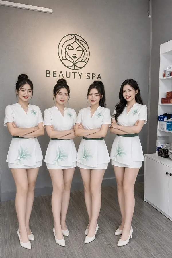 Đồng phục kỹ thuật viên spa váy liền thân cổ chữ V
