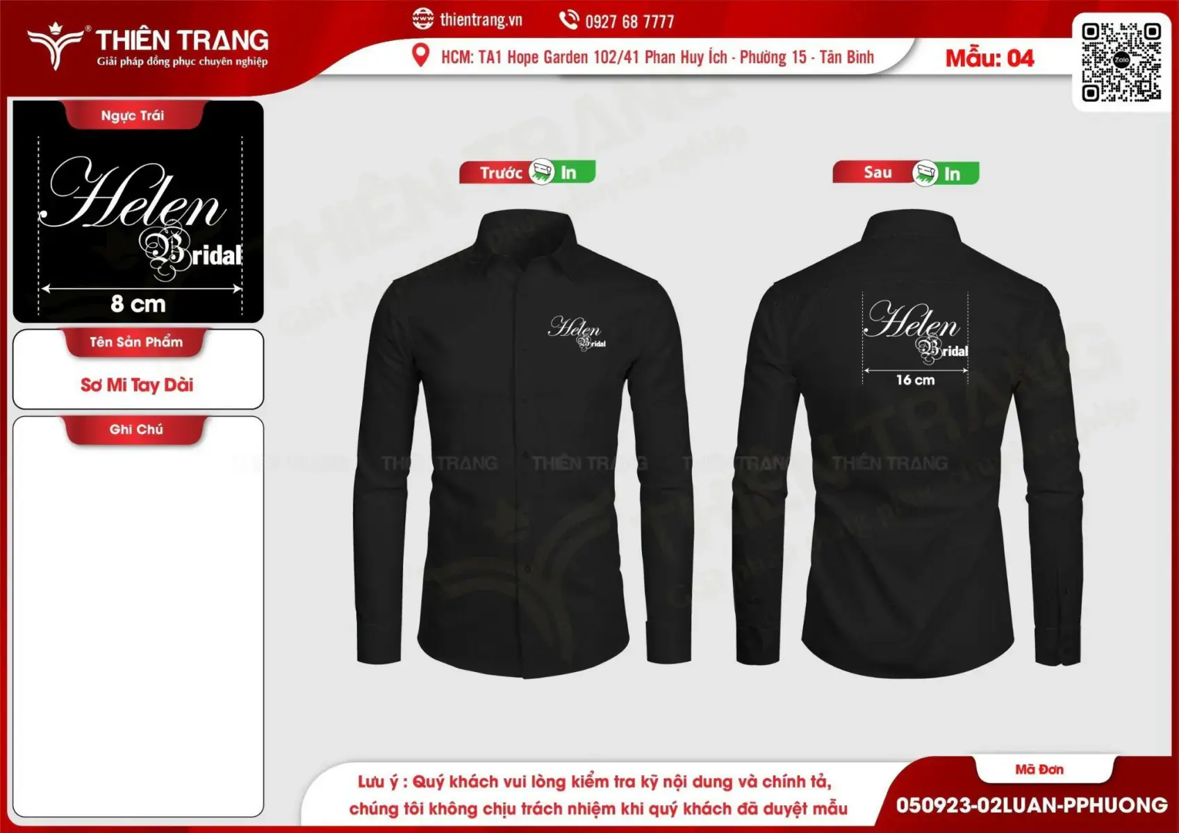 Maket sơ mi dài tay thương hiệu helen bridal