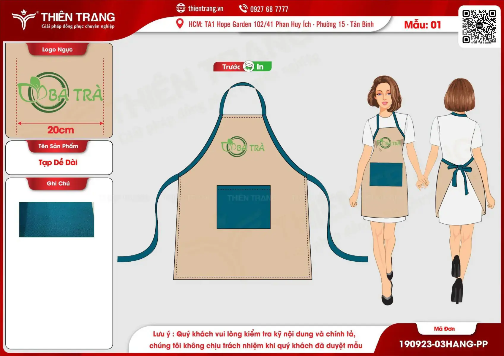 Maket tạp dề dài thương hiệu Ba trà