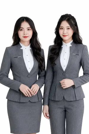 Đồng phục vest nữ dáng peplum cổ V cách điệu màu xám ghi