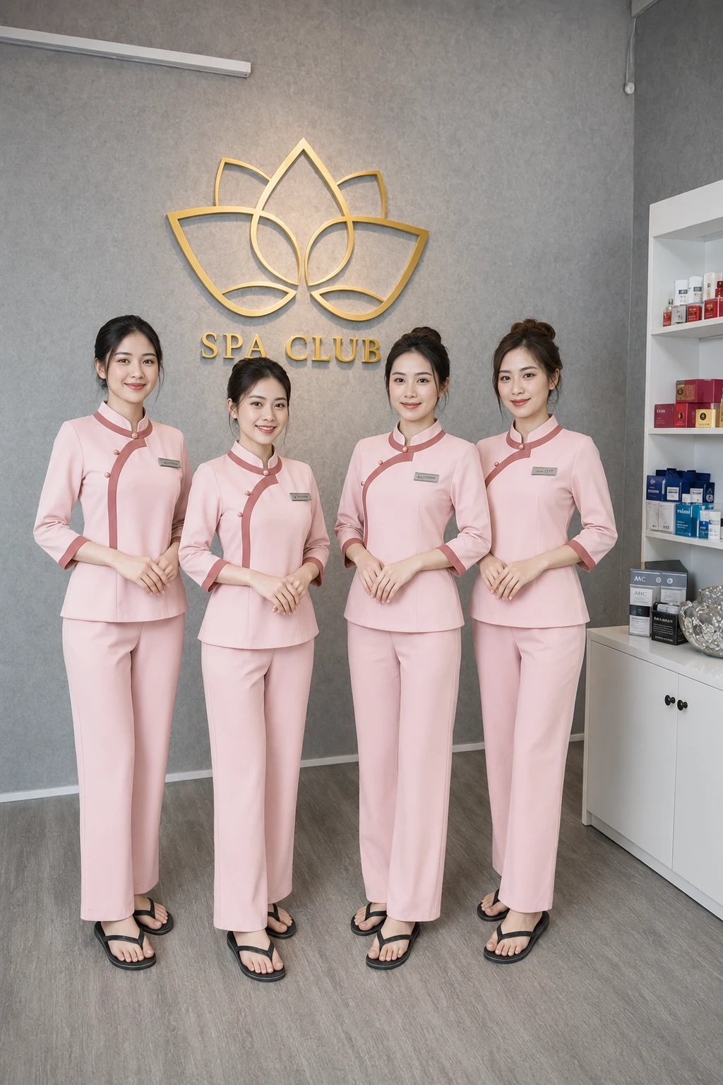 Đồng phục kỹ thuật viên spa áo cổ tàu cách điệu