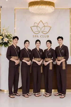 Đồng phục kỹ thuật viên spa phối viền họa tiết