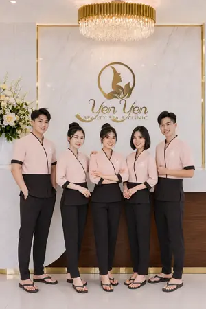 Áo spa đồng phục dáng kimono cách tân