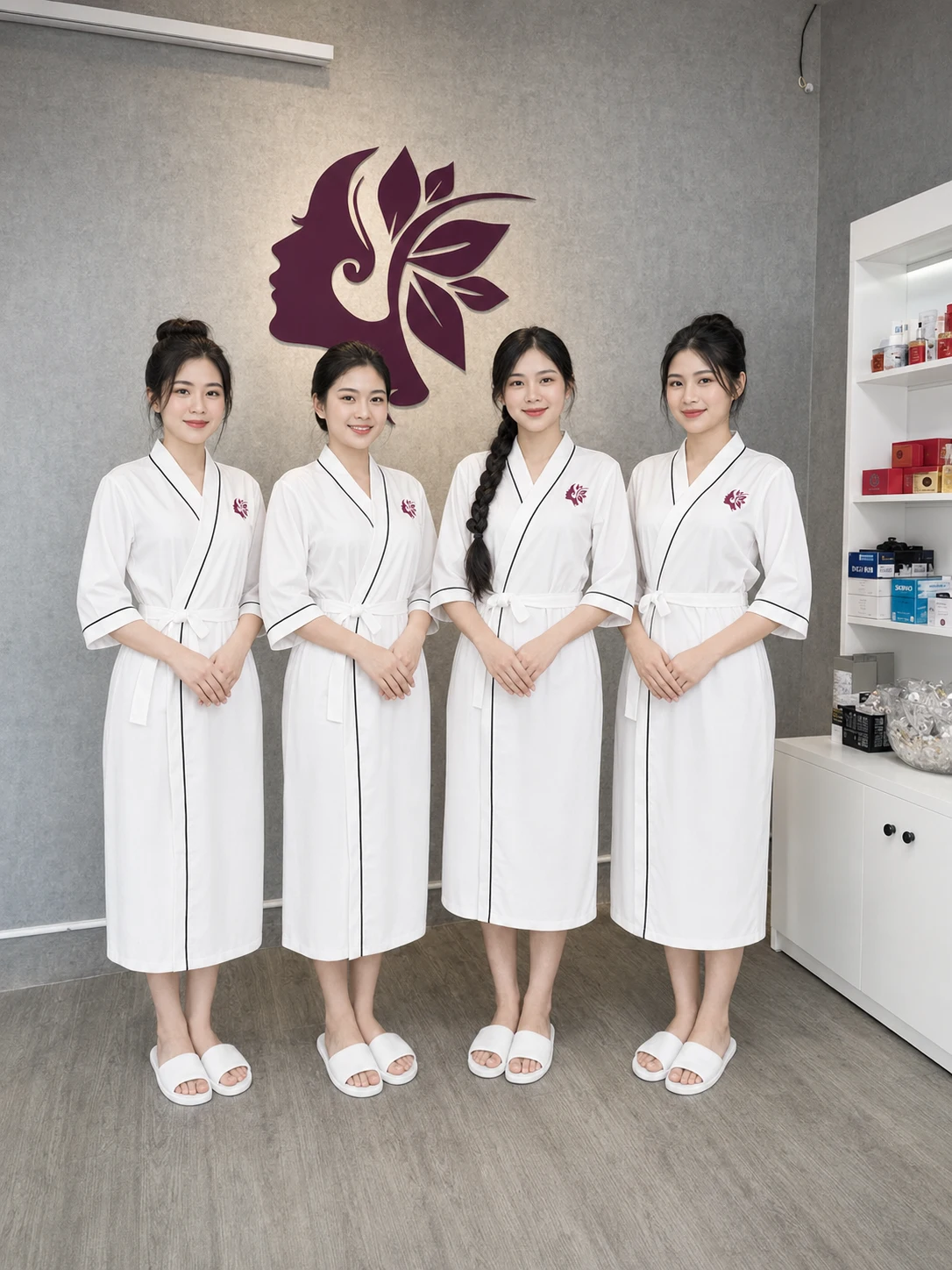Áo choàng spa cổ chữ V phối viền đen