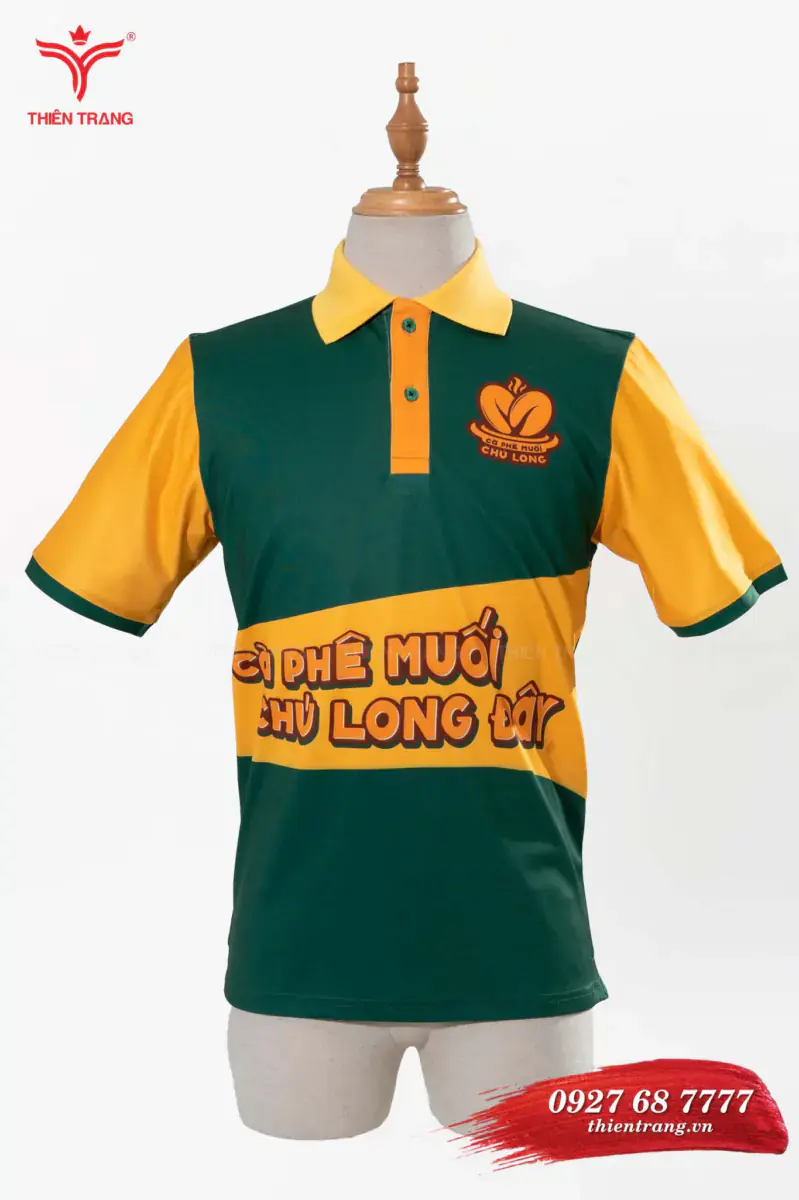 Áo polo đồng phục quán cafe TTCFEATCBF63 màu xanh lá phối vàng