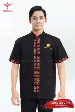 Trước đồng phục nhà hàng việt TTNHANHVM21 màu đen phối cam