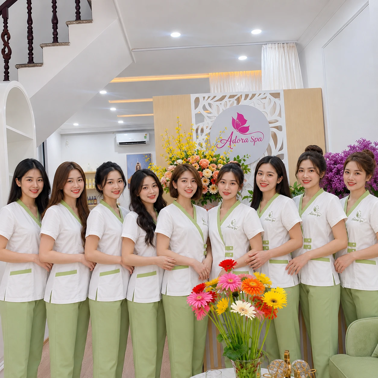 Đồng phục spa màu xanh cổ tim phối viền