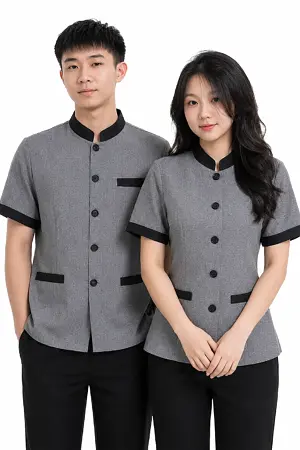 Đồng phục buồng phòng cổ trụ màu xám tiêu
