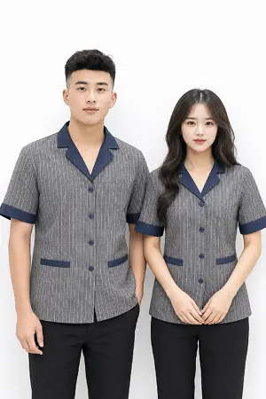 Đồng phục buồng phòng cổ Pijama kẻ sọc