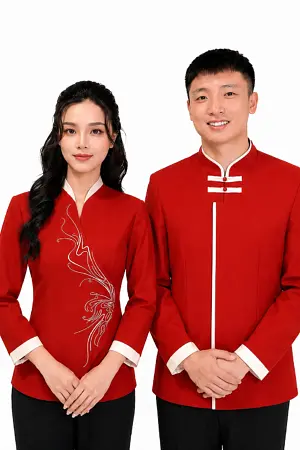 Đồng phục buồng phòng cổ tàu vạt chéo thêu hoa