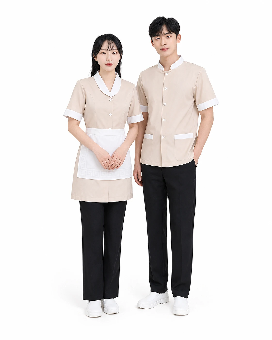 Đồng phục khách sạn cổ bẻ kết hợp cổ tàu màu be - Ảnh 2