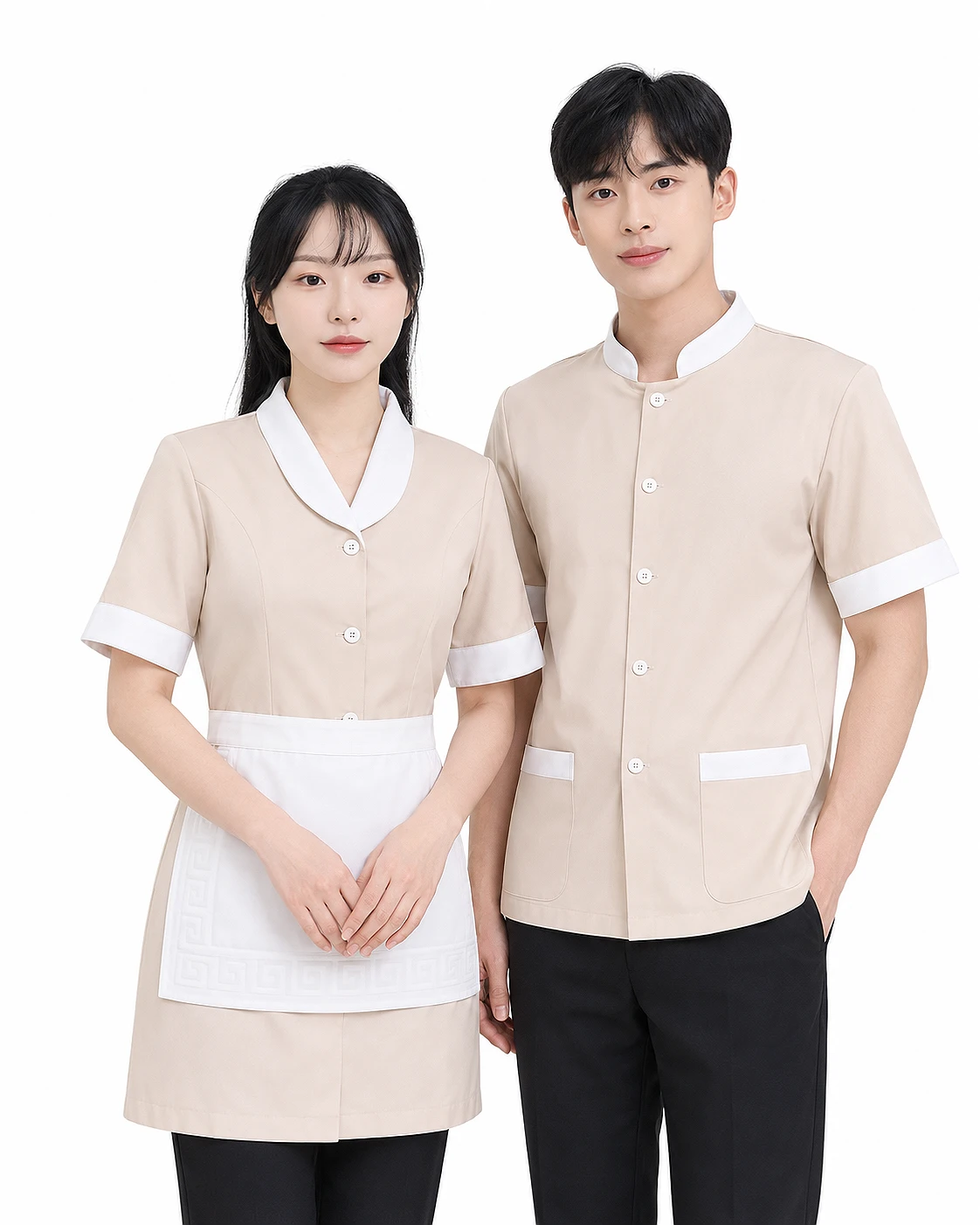 Đồng phục khách sạn cổ bẻ kết hợp cổ tàu màu be