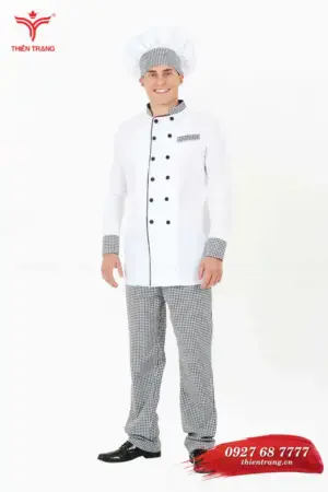 Đồng phục bếp khách sạn TTKSADBKS12 màu trắng sọc caro