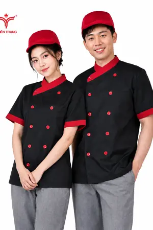Alternative view of Đồng phục bếp khách sạn có nón TTKSADBKS22 màu đen phối đỏ
