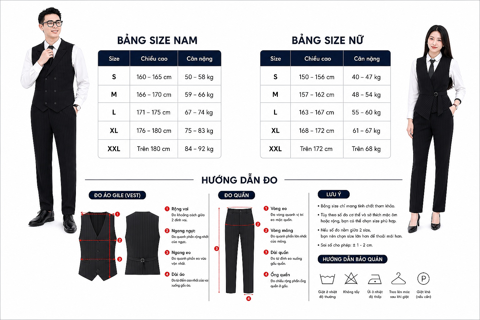 Bảng Size Gile Cho Đồng phục Gile Công sở Họa tiết kẻ sọc