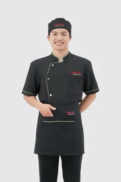 Đồng Phục Bếp Đen Phối Viền Xanh
