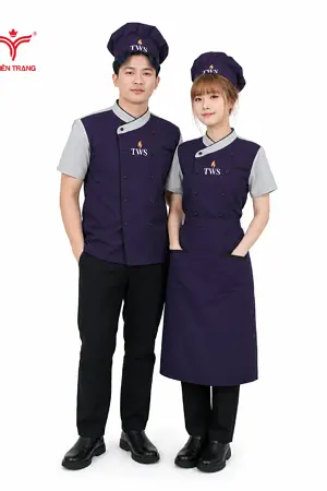 Đồng Phục Bếp Trắng Phối Tạp Dề Xanh