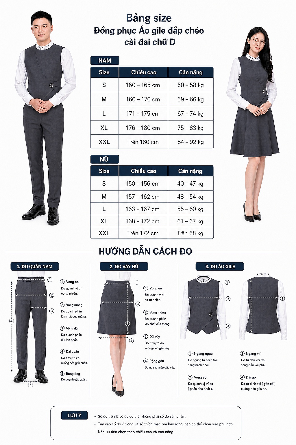 Bảng size tham khảo mẫu Đồng phục áo gile đắp chéo cài đai chữ D
