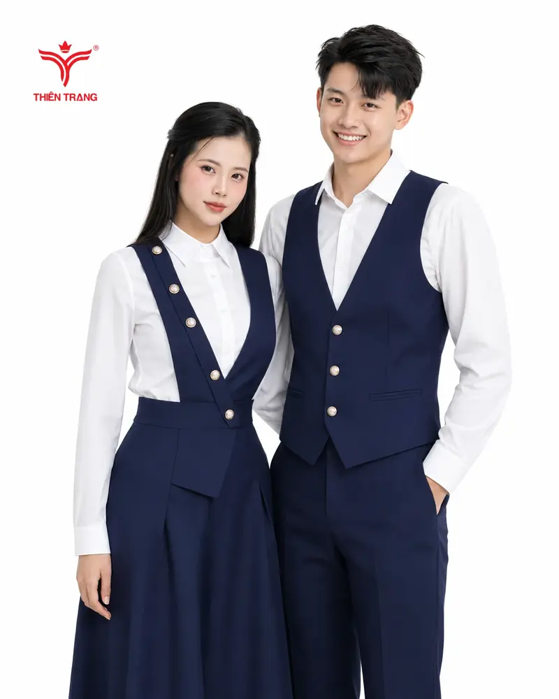 Đồng phục áo gile hai dây bản to phối cúc