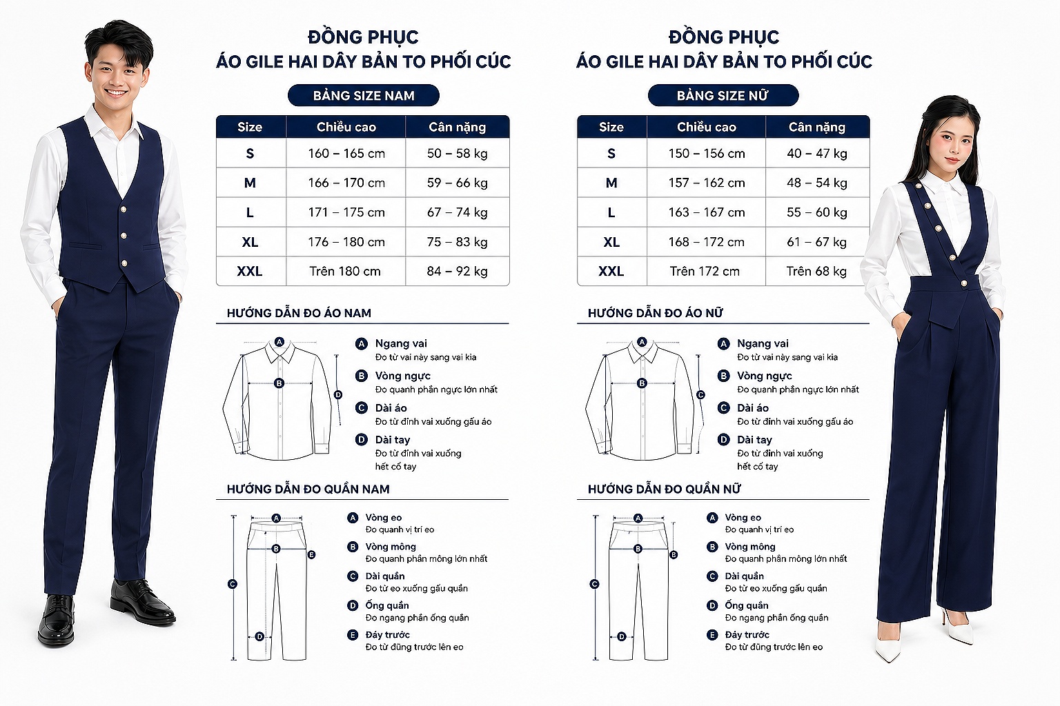Bảng Size Đồng Phục Áo Gile Hai Dây Bản To Phối Cúc
