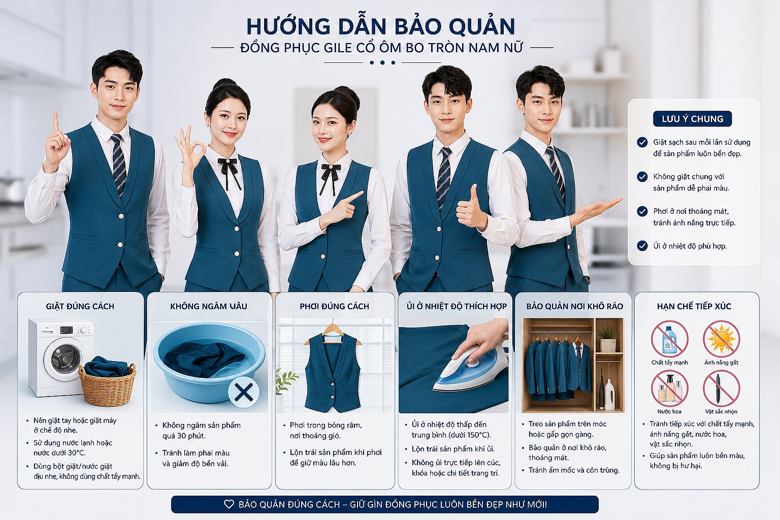Cách bảo quản Đồng phục gile cổ ôm bo tròn nam nữ