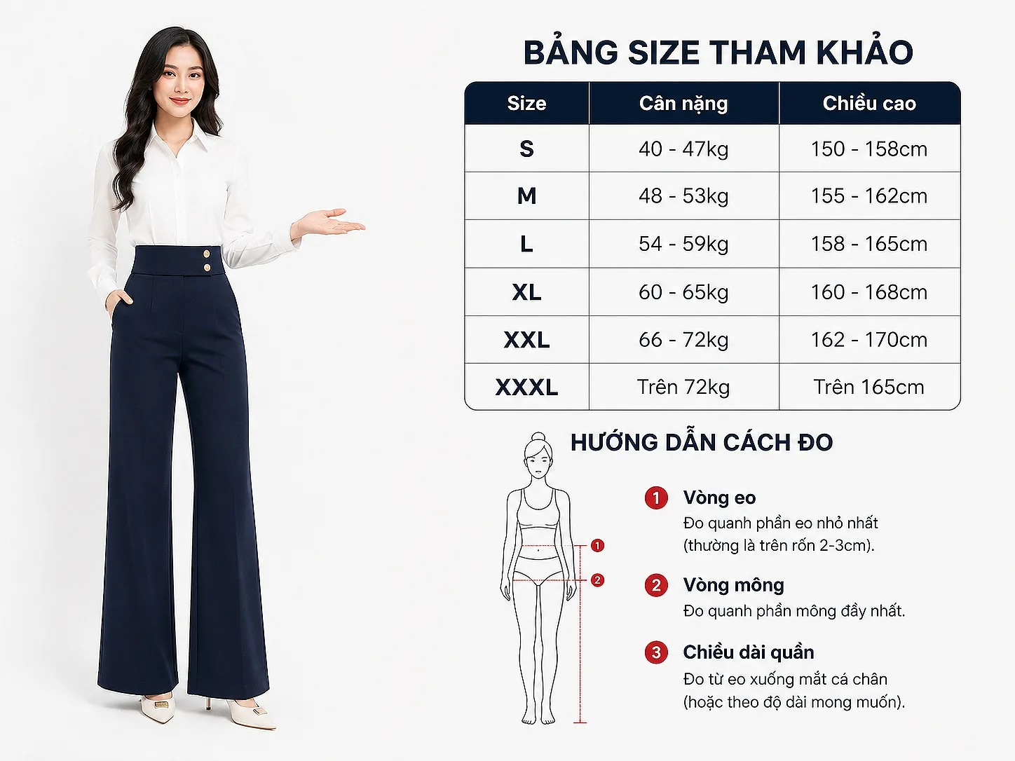 Đồng phục quần tây ống rộng cạp khuy đôi 5 Bảng Size Tham Khảo