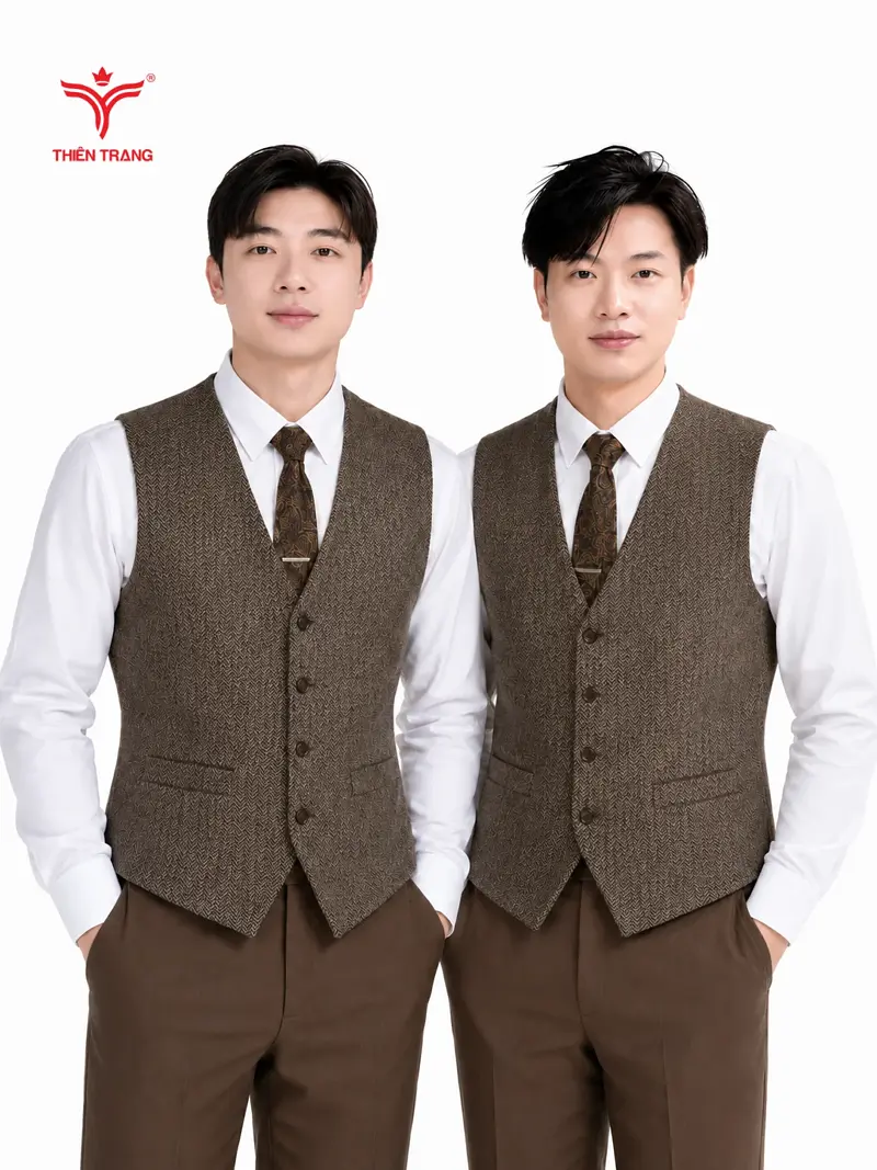 Đồng phục gile nam vải dạ Tweed họa tiết xương cá