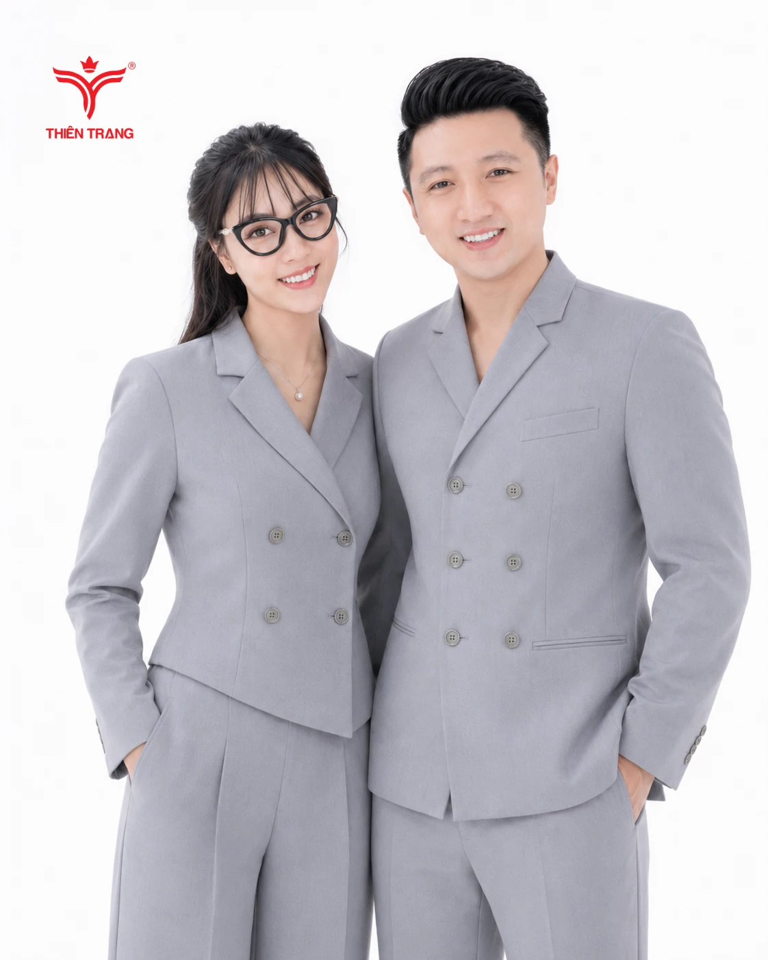 Đồng phục vest công sở nam nữ cúc kép màu xám nhạt