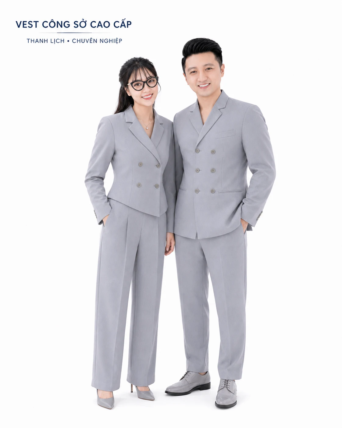 Đồng phục vest công sở nam nữ cúc kép màu xám nhạt - Ảnh 2