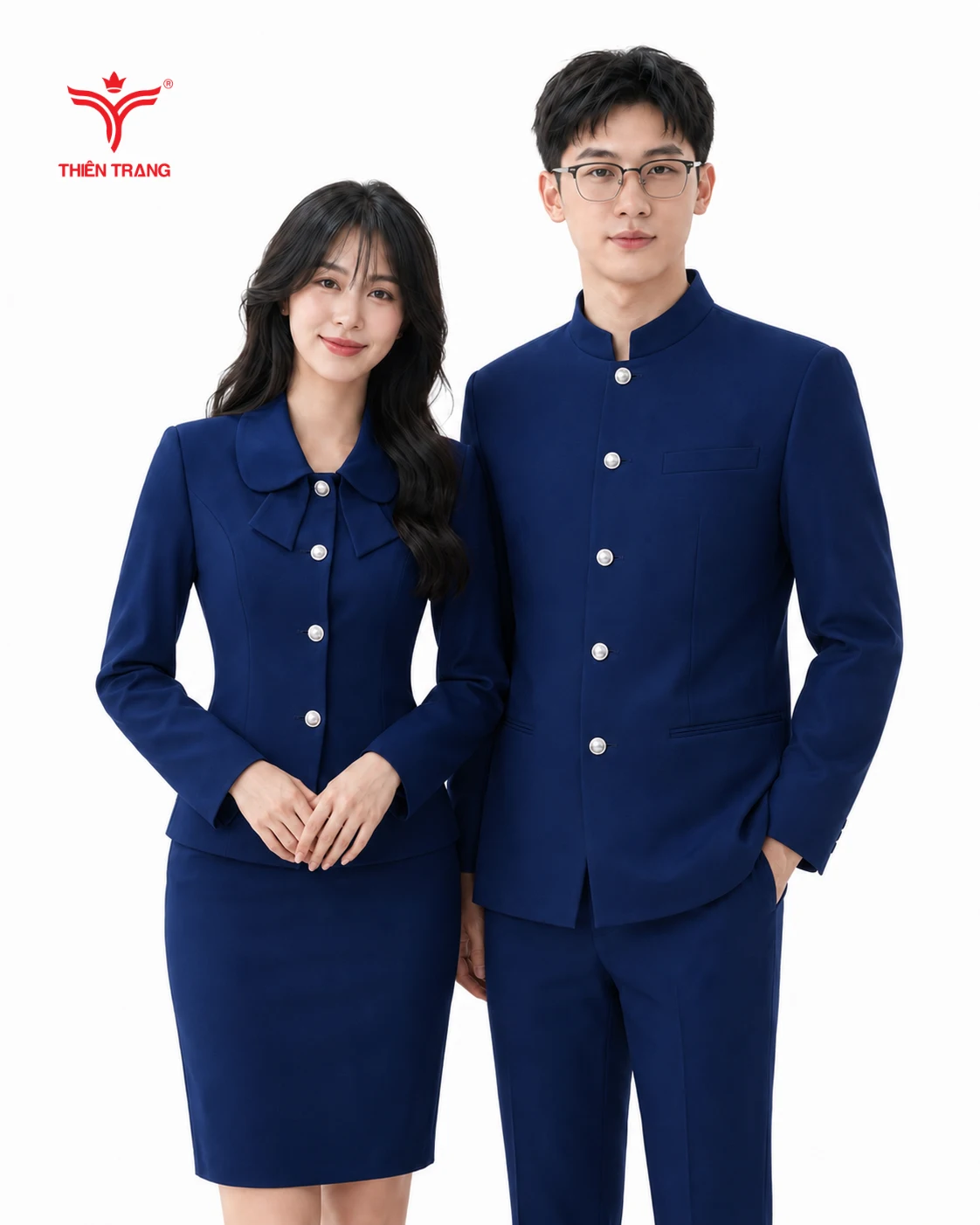Đồng phục vest công sở cổ tàu màu xanh hoàng gia
