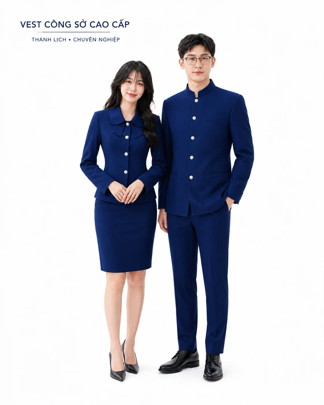 Đồng phục vest công sở cổ tàu màu xanh hoàng gia - Ảnh 2