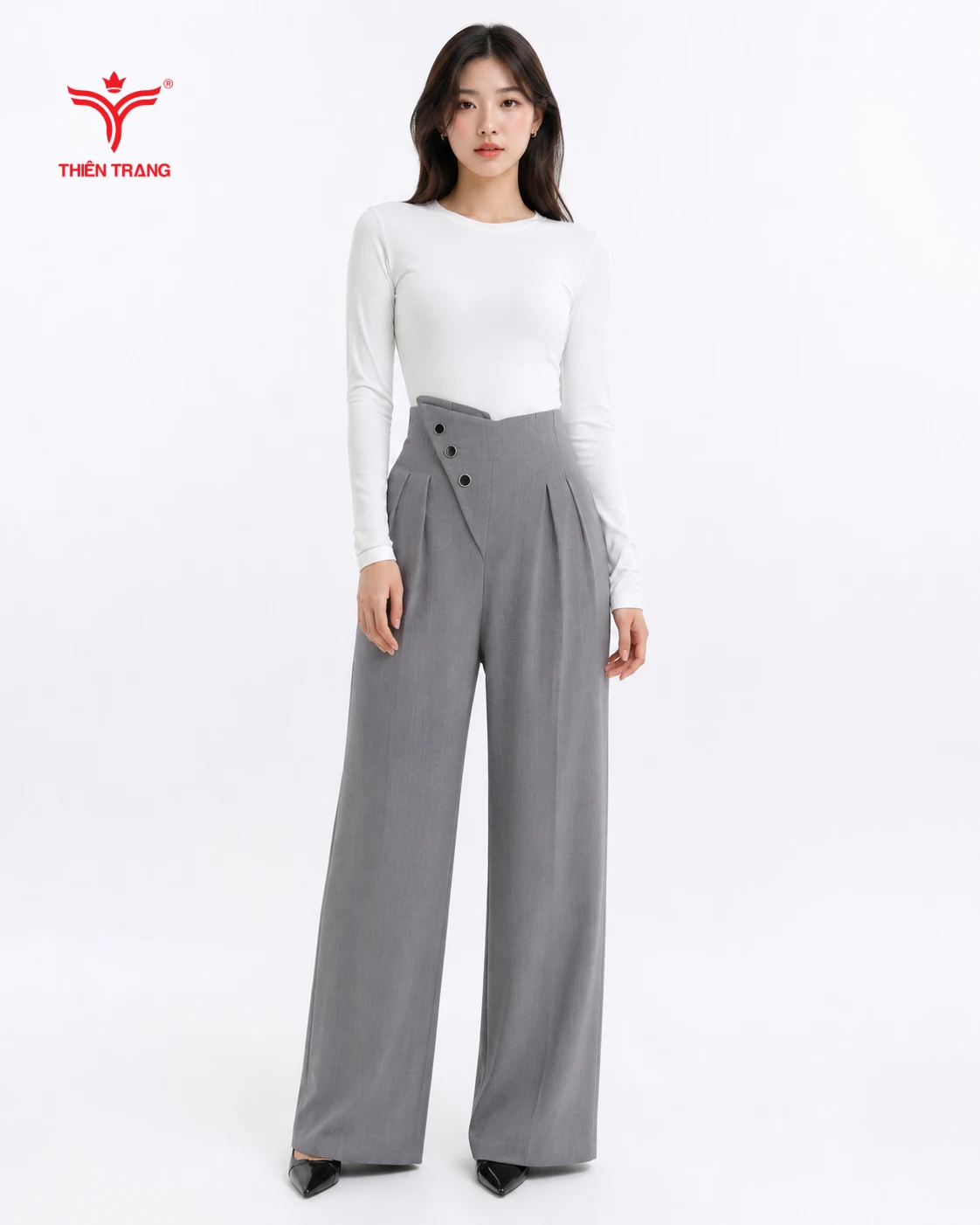 Quần tây nữ ống rộng cạp cao cách điệu - Ảnh 2