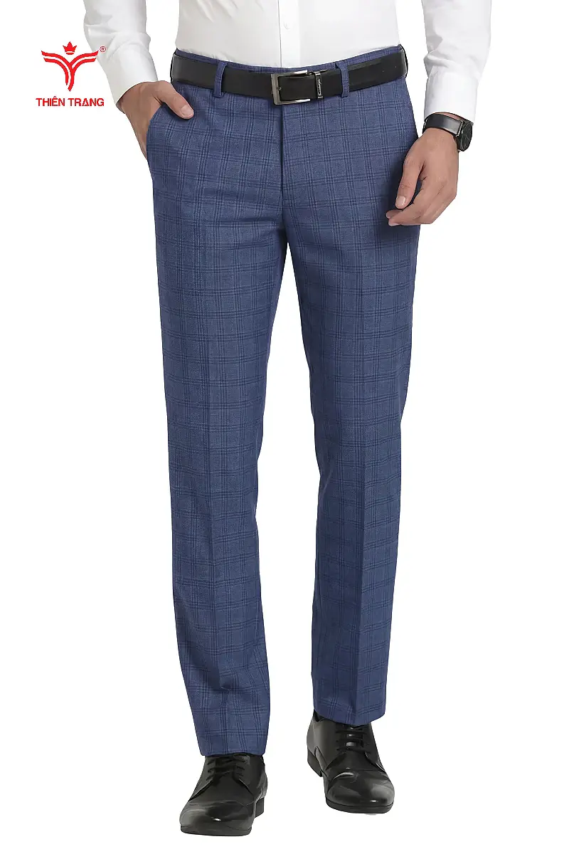 Quần tây nam dáng Slim-fit họa tiết kẻ caro màu xanh dương