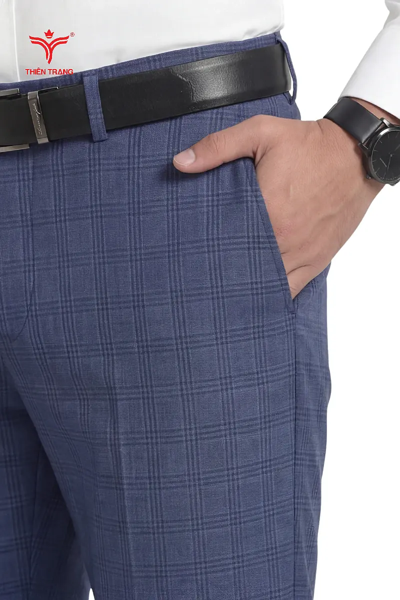 Quần tây nam dáng Slim-fit họa tiết kẻ caro màu xanh dương - Ảnh 4